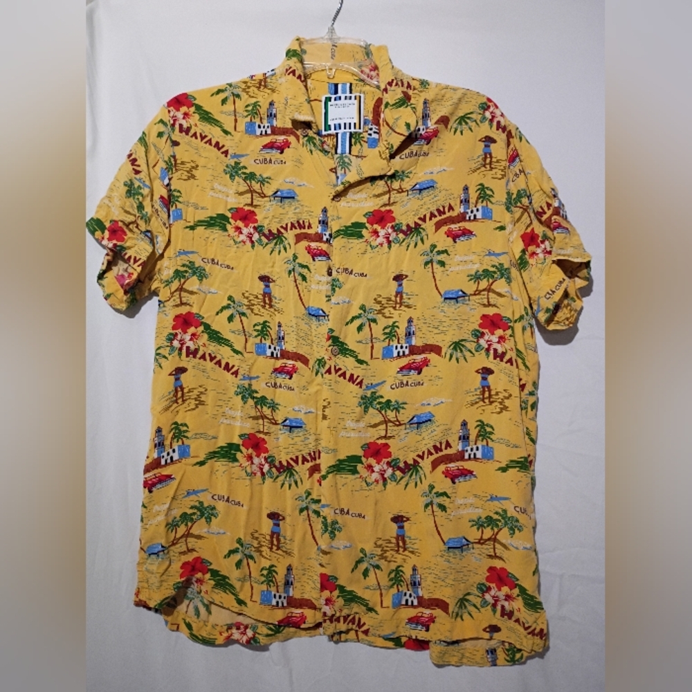 Denim & Flower Casual Yellow Shirt with Red Floral Design